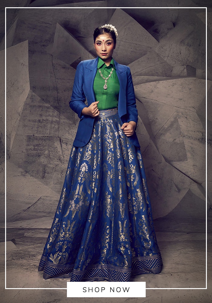 Blue brocade blazer and lehenga