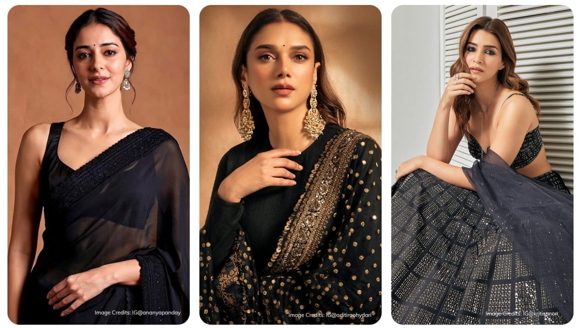 Ananya Panday wearing black saree in the left, Aditi Rao wearing black kurta set in the centre and Kriti Sanon wearing black lehenga in the right