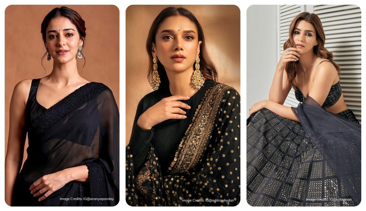 Ananya Panday wearing black saree in the left, Aditi Rao wearing black kurta set in the centre and Kriti Sanon wearing black lehenga in the right