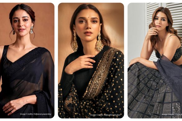 Ananya Panday wearing black saree in the left, Aditi Rao wearing black kurta set in the centre and Kriti Sanon wearing black lehenga in the right