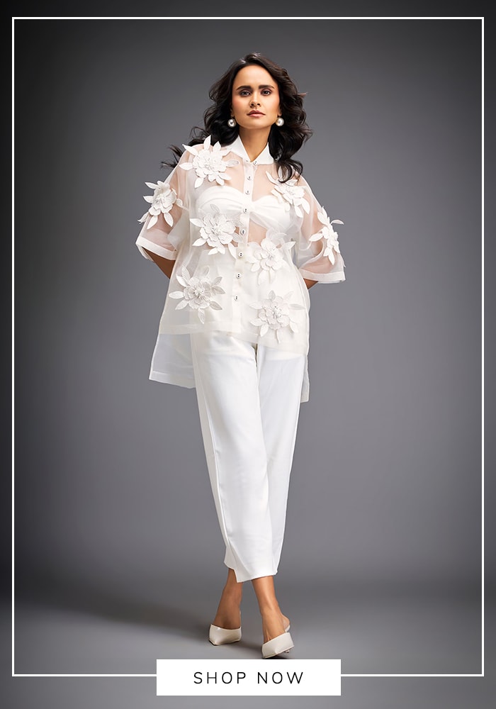 White cutwork shirt and pant set