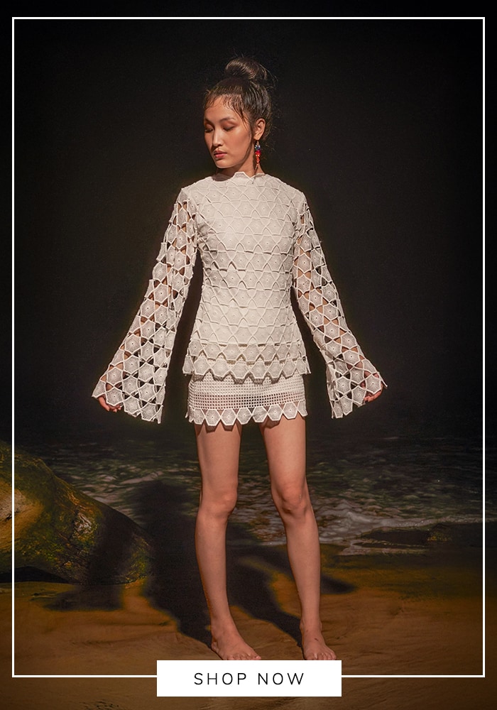 White cutwork top and skirt set