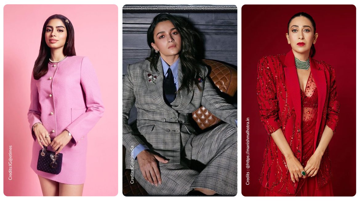 Khushi Kapoor wearing pink blazer, alia bhatt wearing black checkered blazer and karisma kapoor wearing red blazer