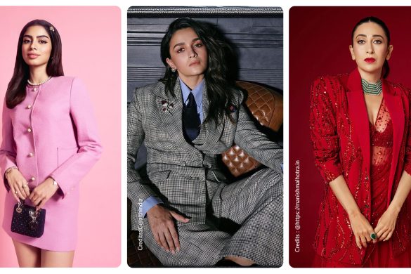 Khushi Kapoor wearing pink blazer, alia bhatt wearing black checkered blazer and karisma kapoor wearing red blazer