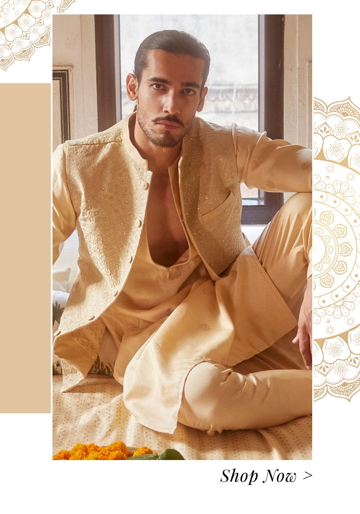 Gold bundi and kurta set for men