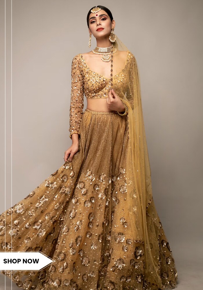 Gold net embroidered bridal lehenga