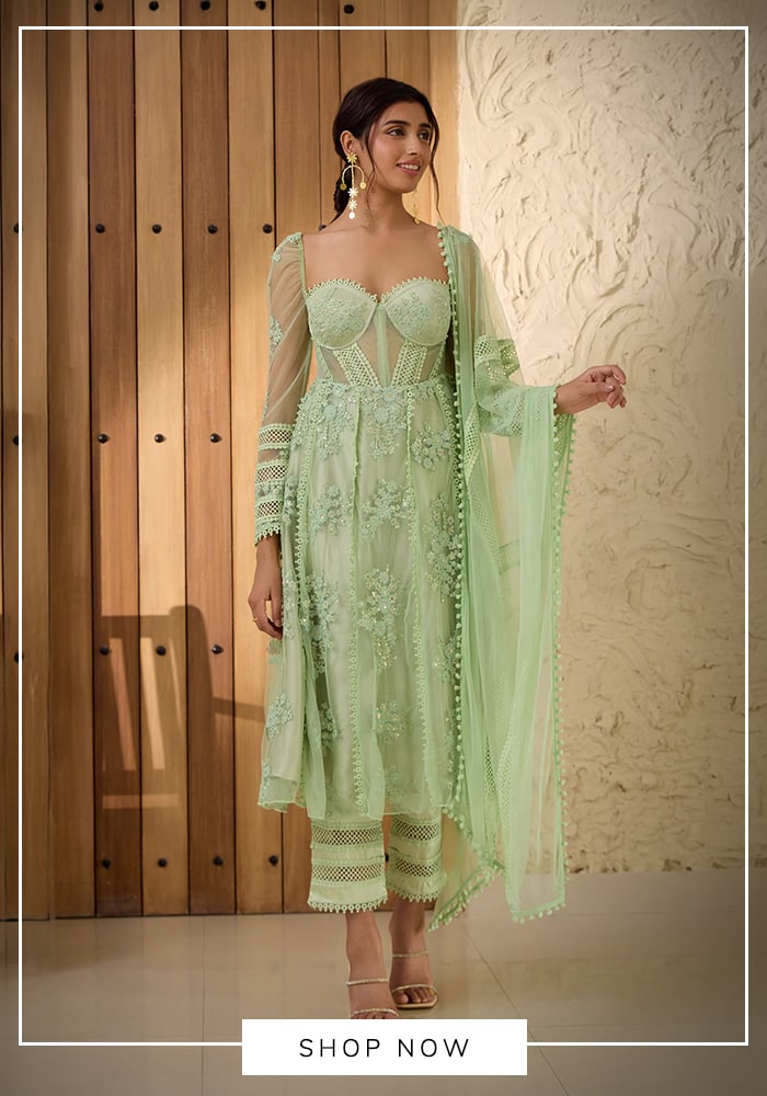 Green full sleeve corset anarkali set
