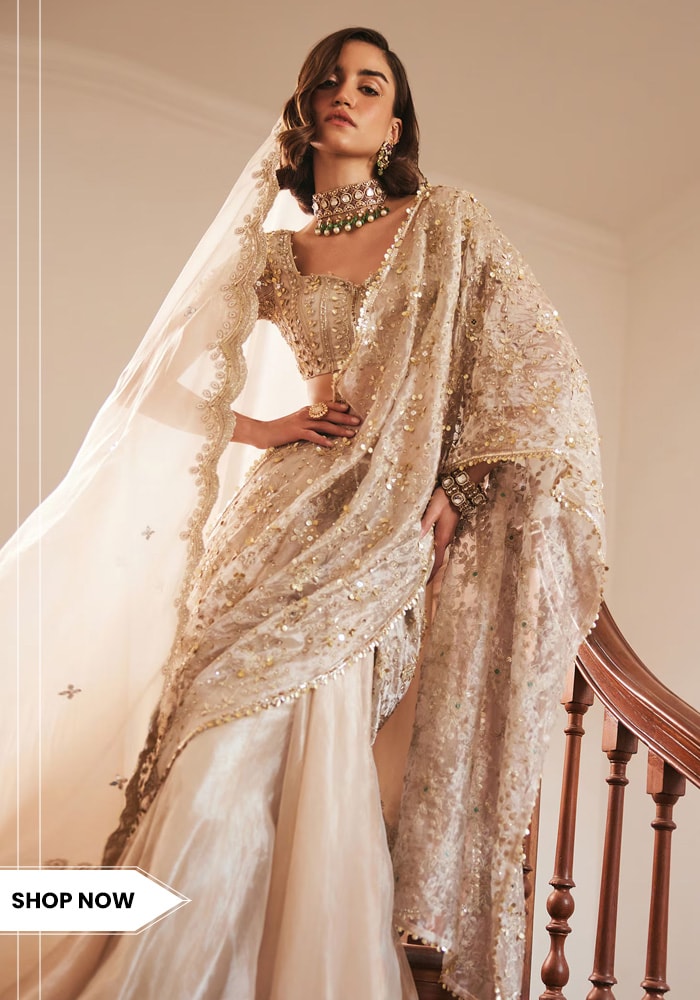 Ivory pre-draped saree
