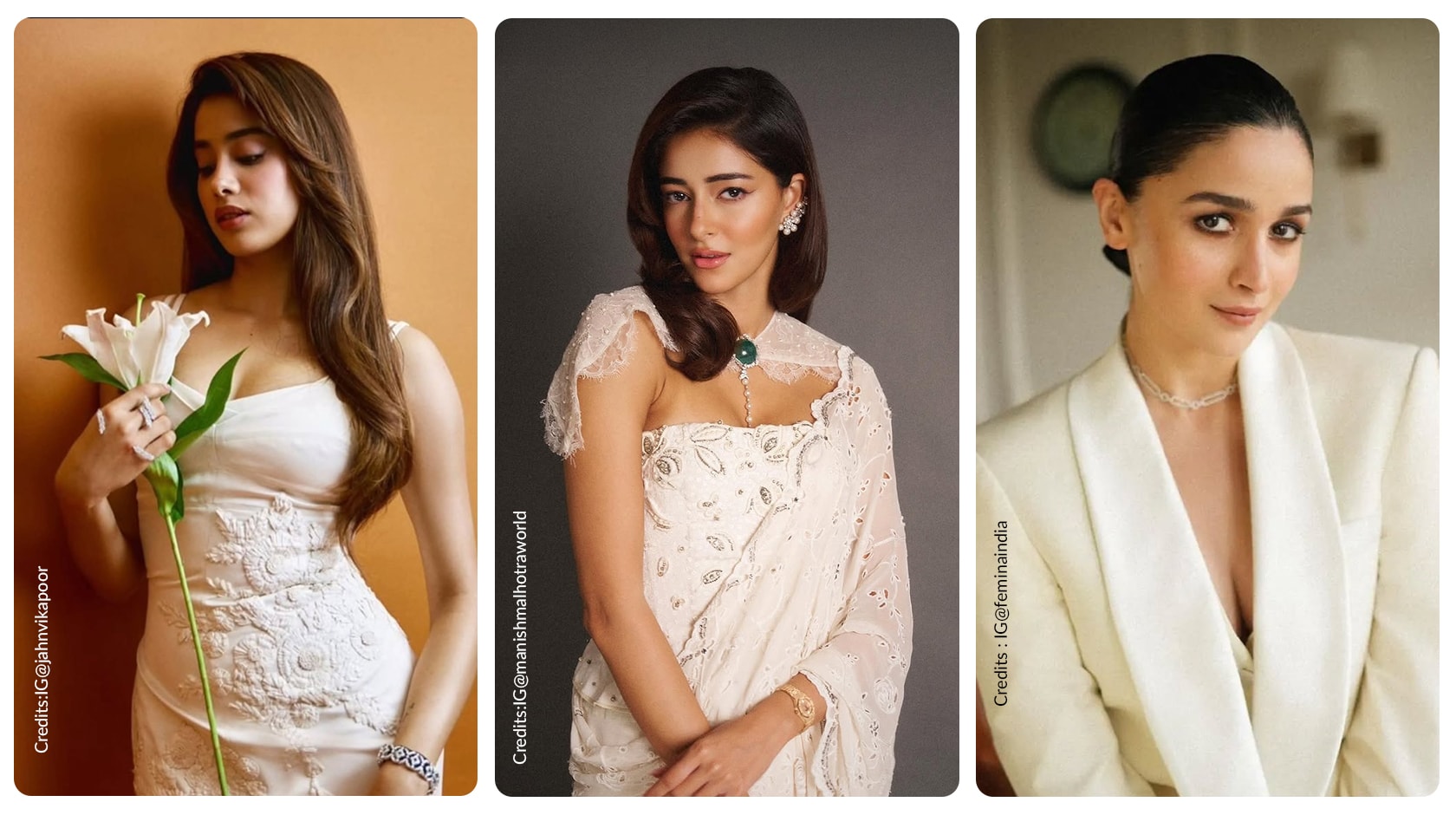 Janhvi Kapoor in the left, Ananya Panday in the center and Alia Bhatt in the right