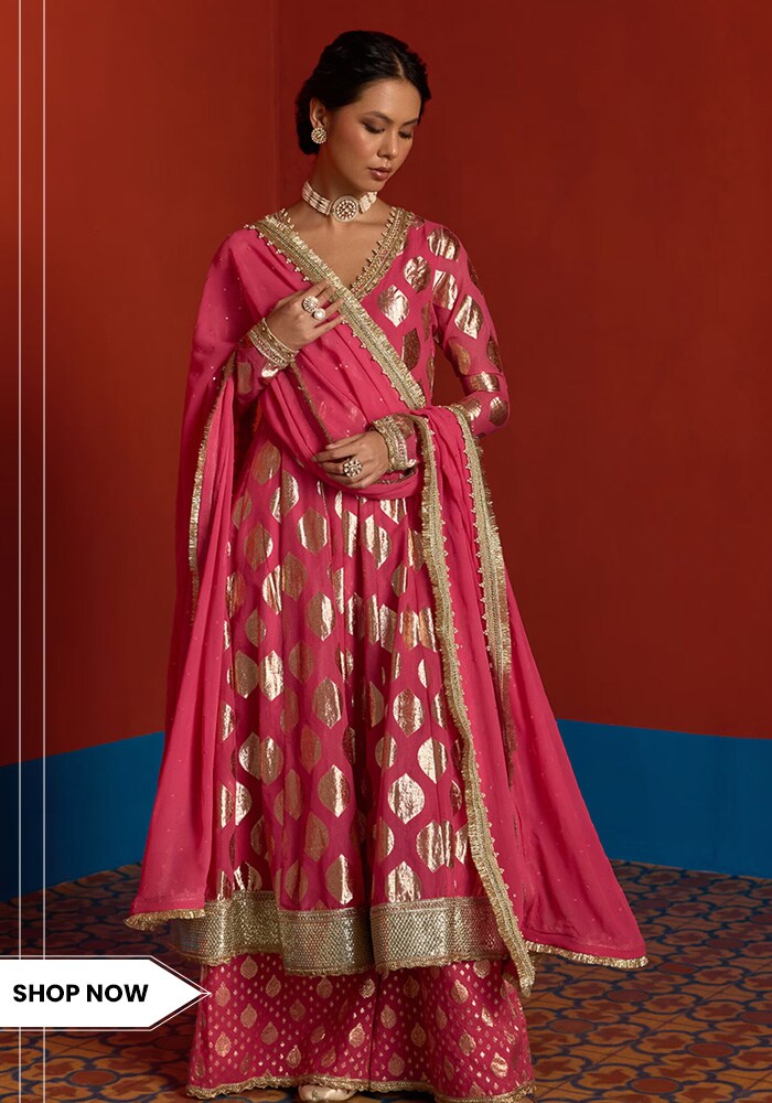 Pink chanderi foil printed anarkali set