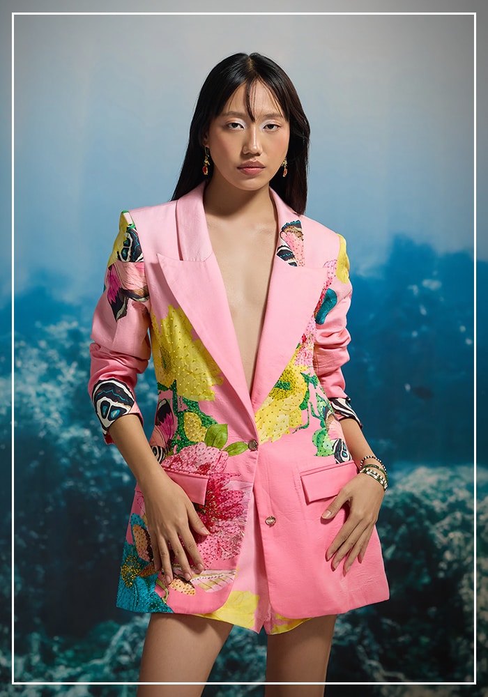 Pink embroidered blazer and shorts set