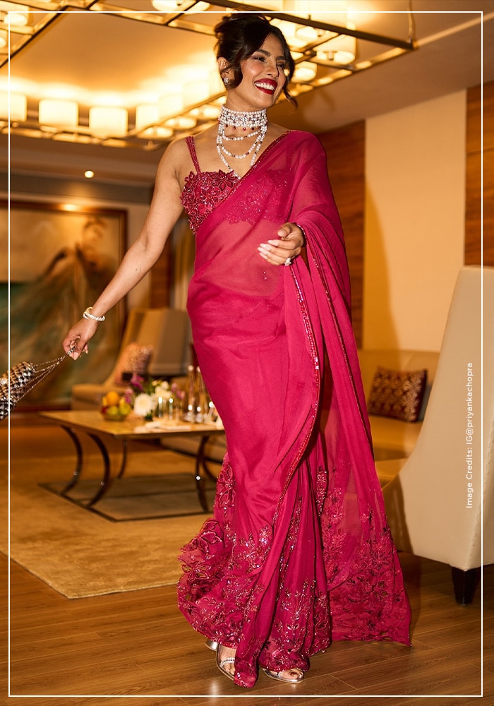 Priyanka Chopra in ruby red Manish Malhotra saree