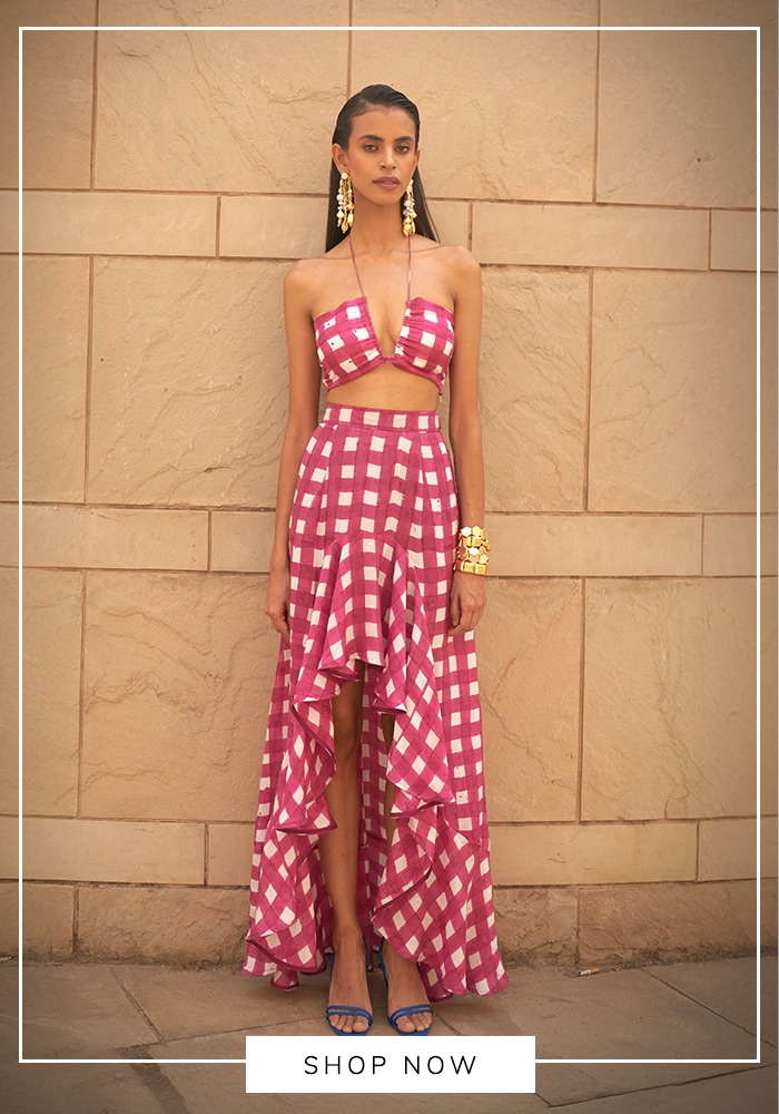 Red checkered halter neck crop top and skirt set