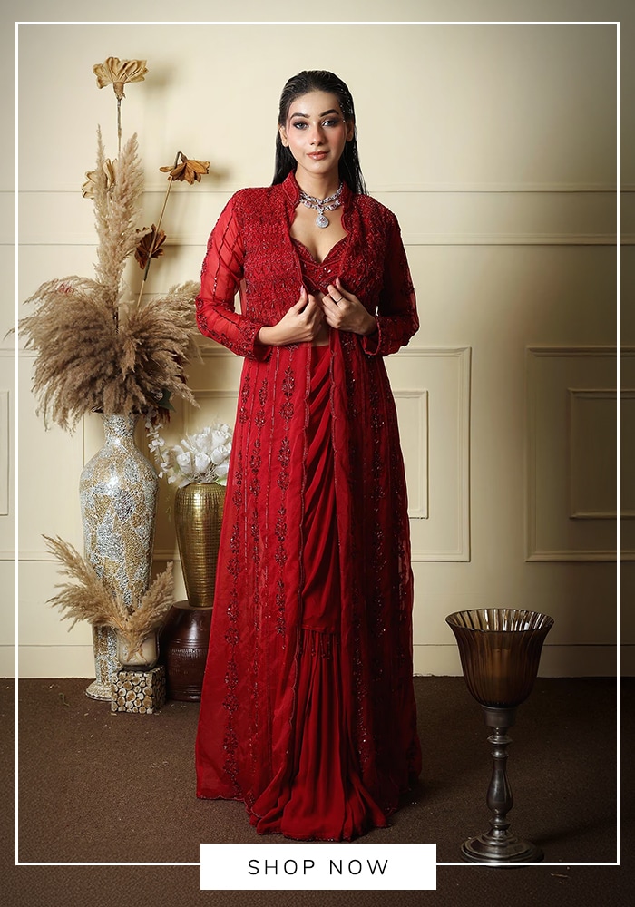Red organza jacket saree