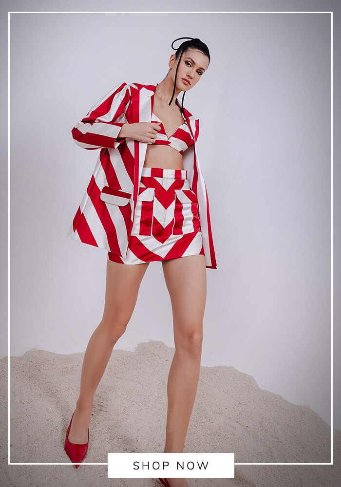 Red stripe mini skirt and blazer set