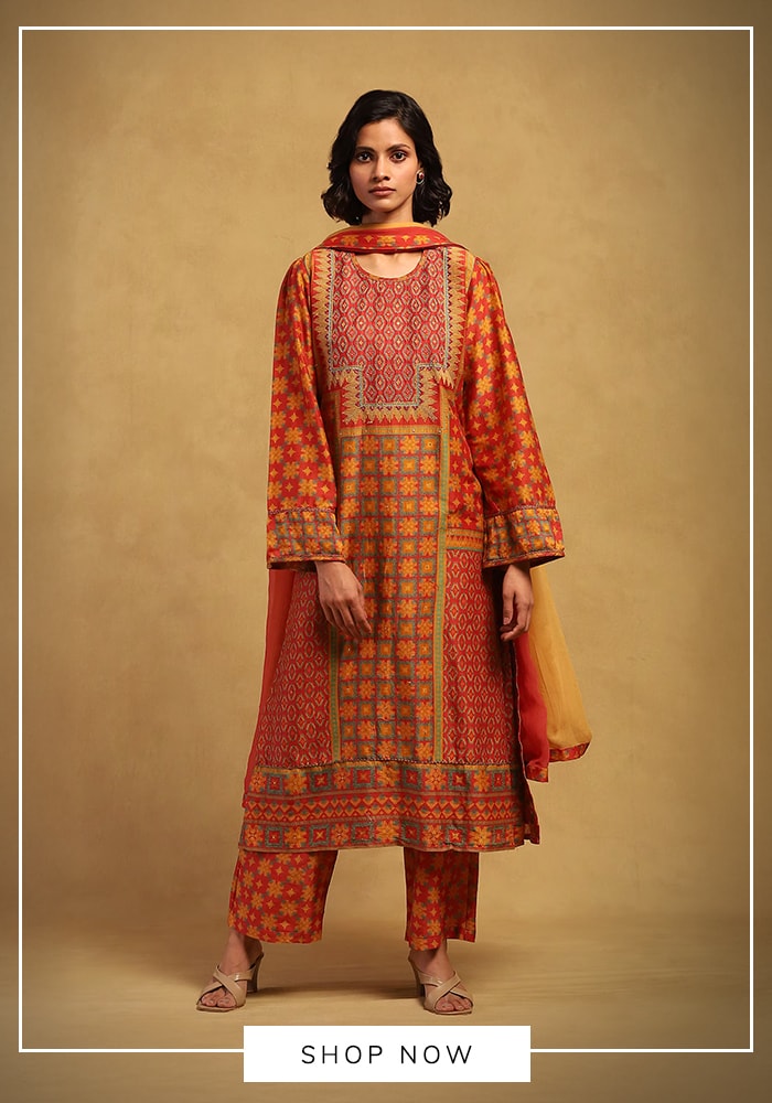 Ritu Kumar red cotton phulkari kurta set