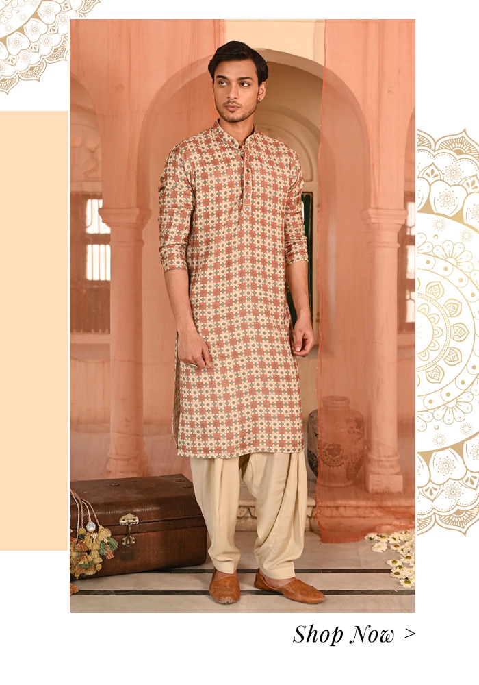 Red printed kurta set for men