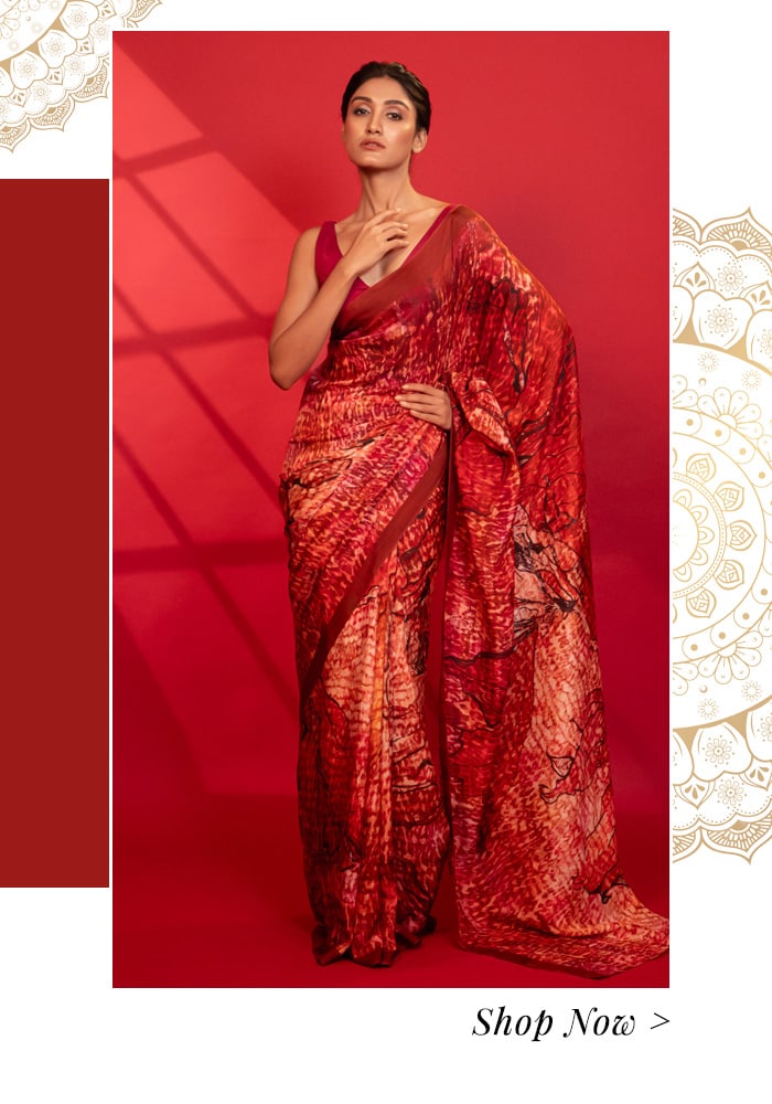 Red printed silk saree