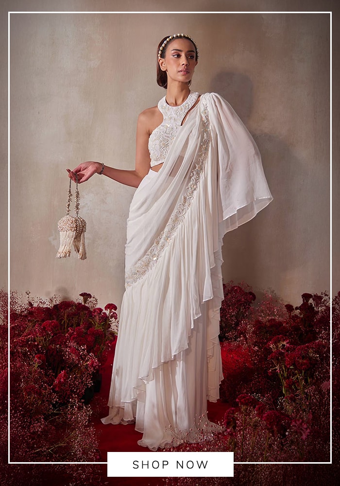 White pre-draped ruffle saree