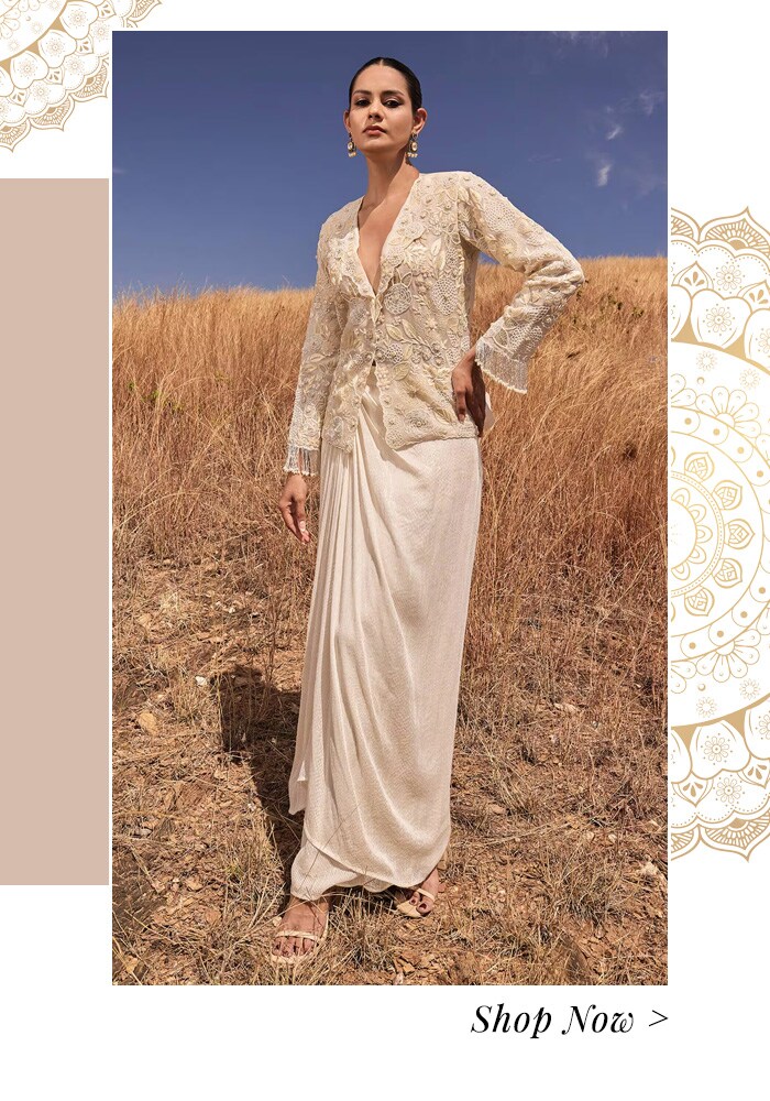 White floral embroidered jacket and skirt set