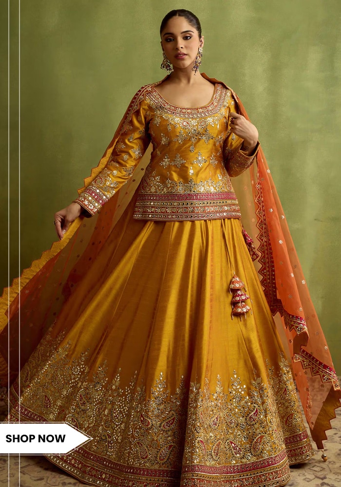 Yellow mirror embroidered kurta lehenga