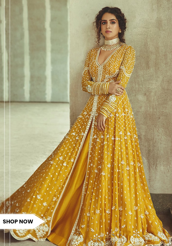 Yellow net embroidered anarkali set