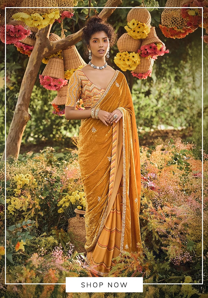 Yellow velvet saree