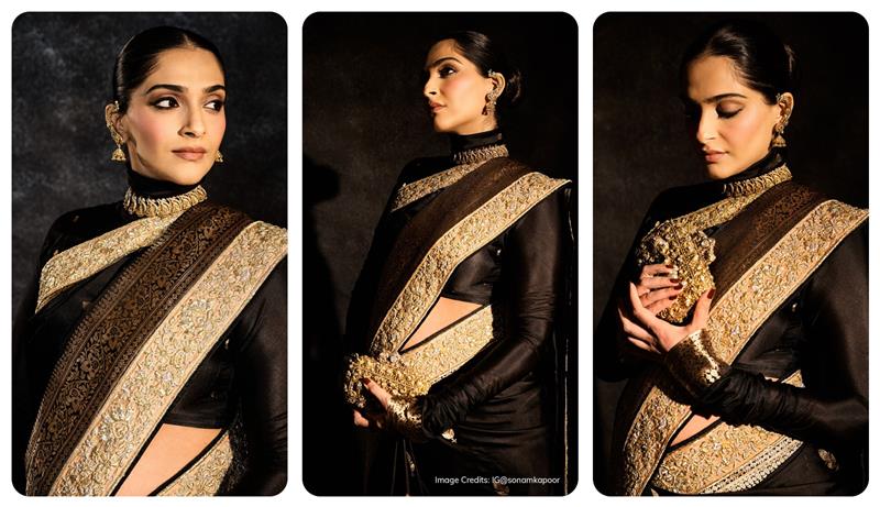 sonam kapoor in black banarasi saree for swadesh event
