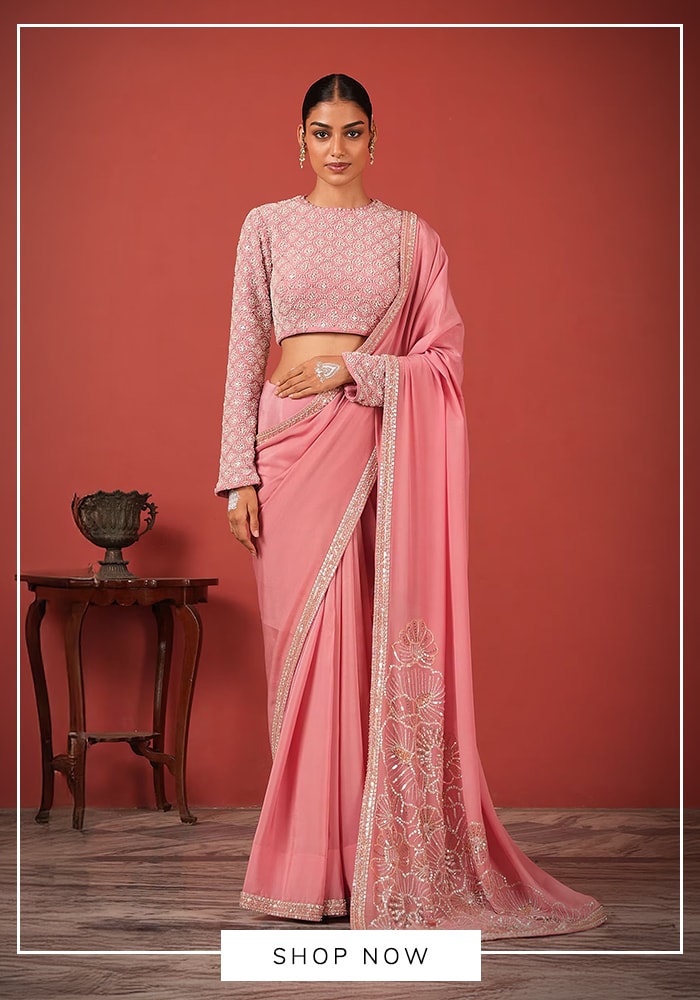 Pink crepe saree