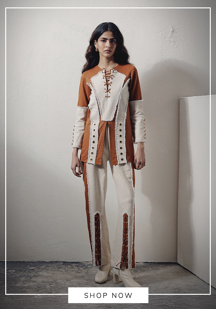 Brown and white shirt pant set