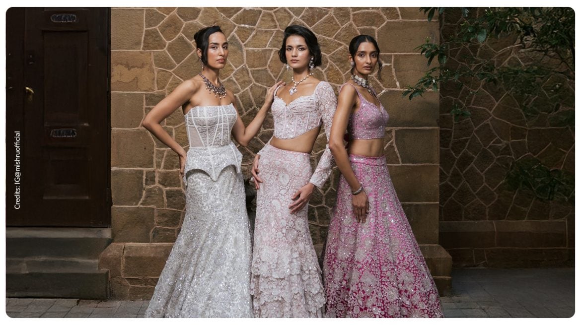 Three models wearing three different types of lehengas