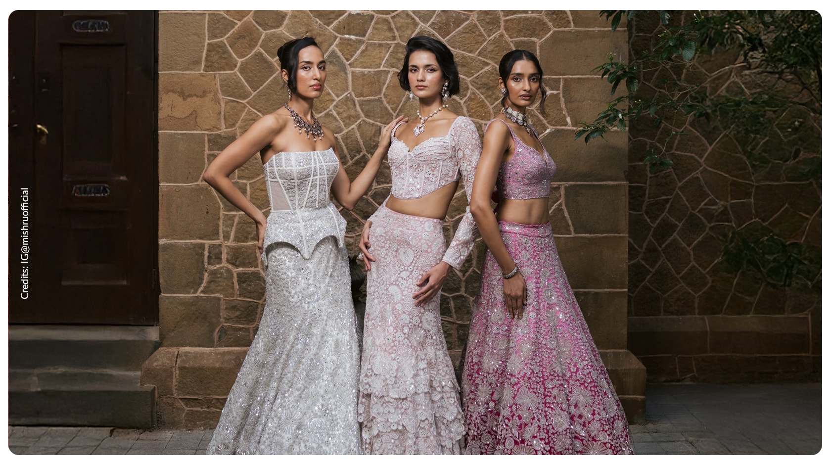 Three models wearing three different types of lehengas
