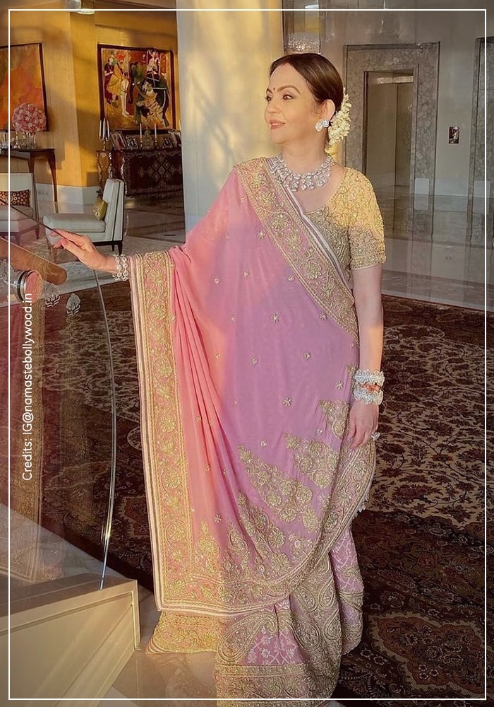 Nita Ambani in Abu Jani Sandeep Khosla pink saree for Ambani wedding
