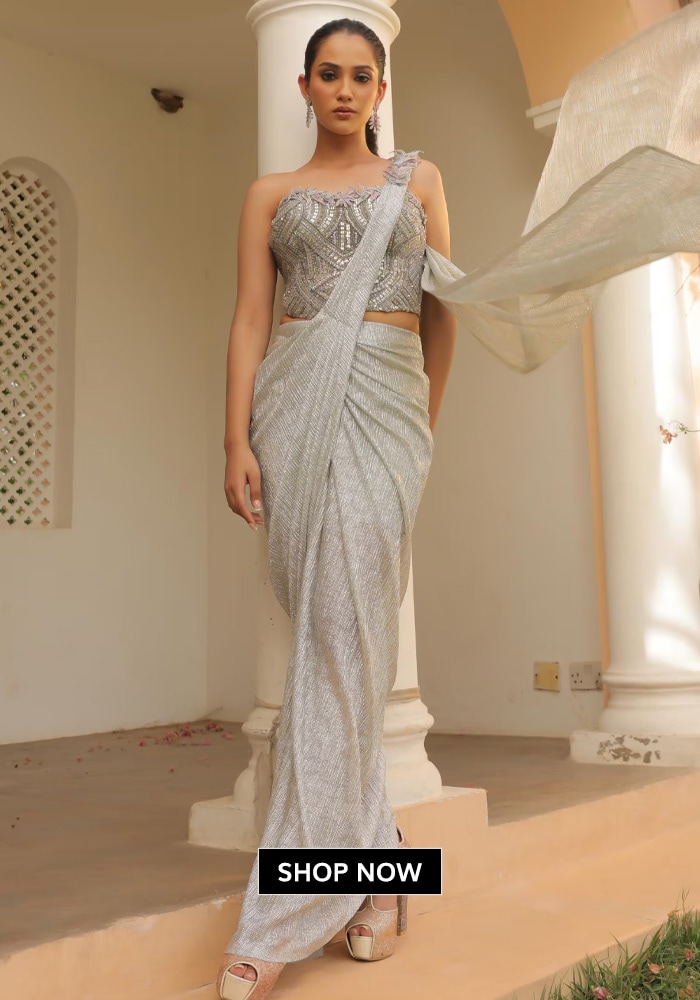 Silver one-shoulder saree gown