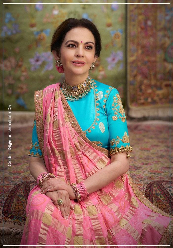 Nita Ambani pink saree and blue blouse