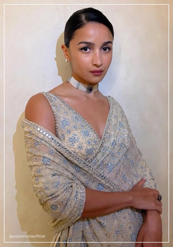 Alia Bhatt in ivory saree by Arpita Mehta