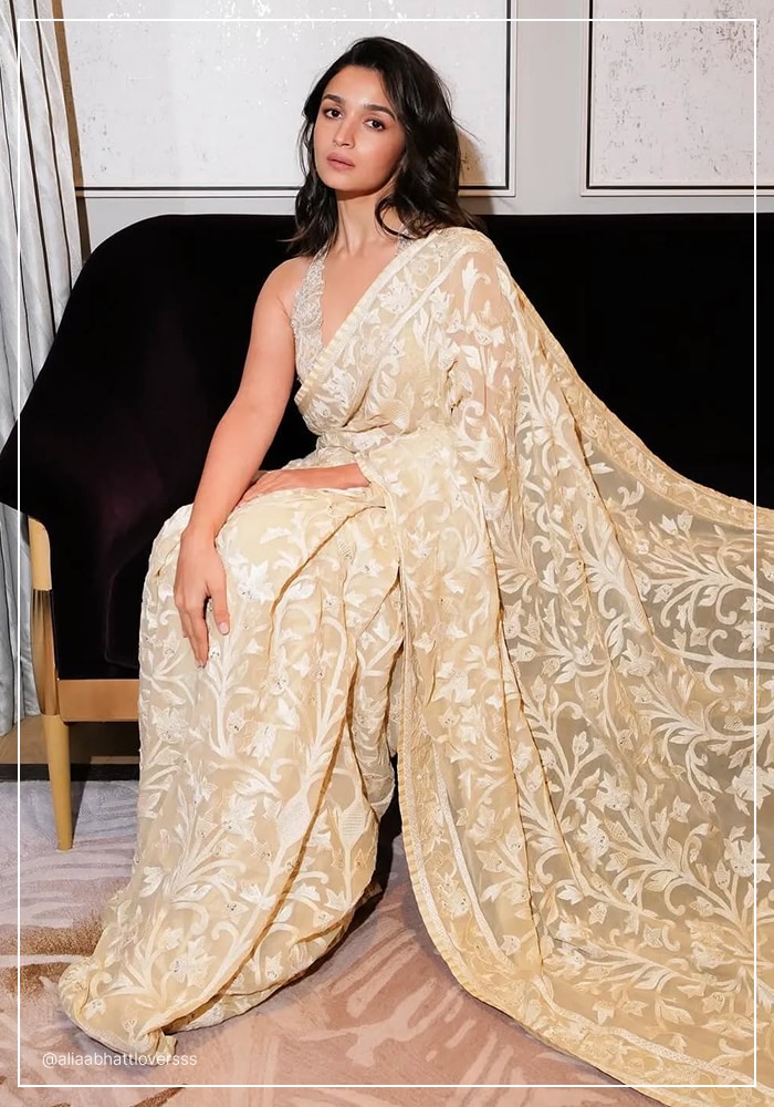 Alia Bhatt wearing resham embroidered ivory Abu Jani Sandeep Khosla saree