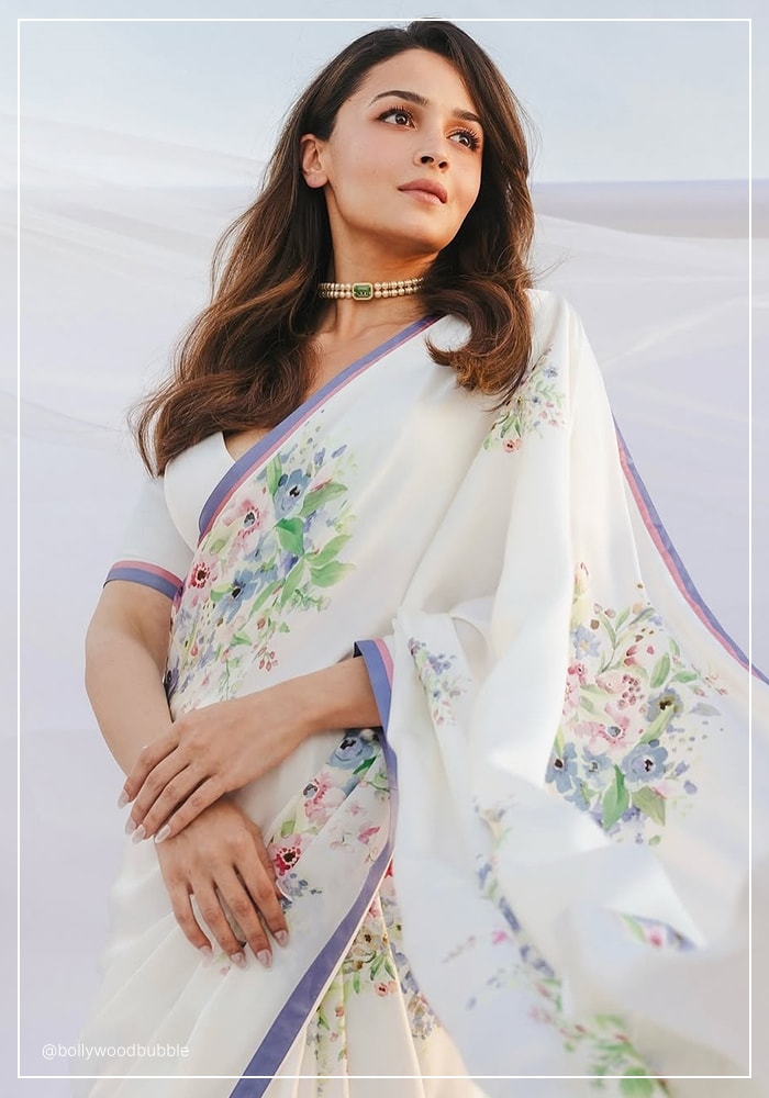 Alia Bhatt wearing floral printed Sabyasachi ivory saree