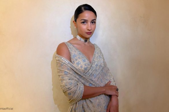 Alia Bhatt in custom ivory Arpita Mehta saree