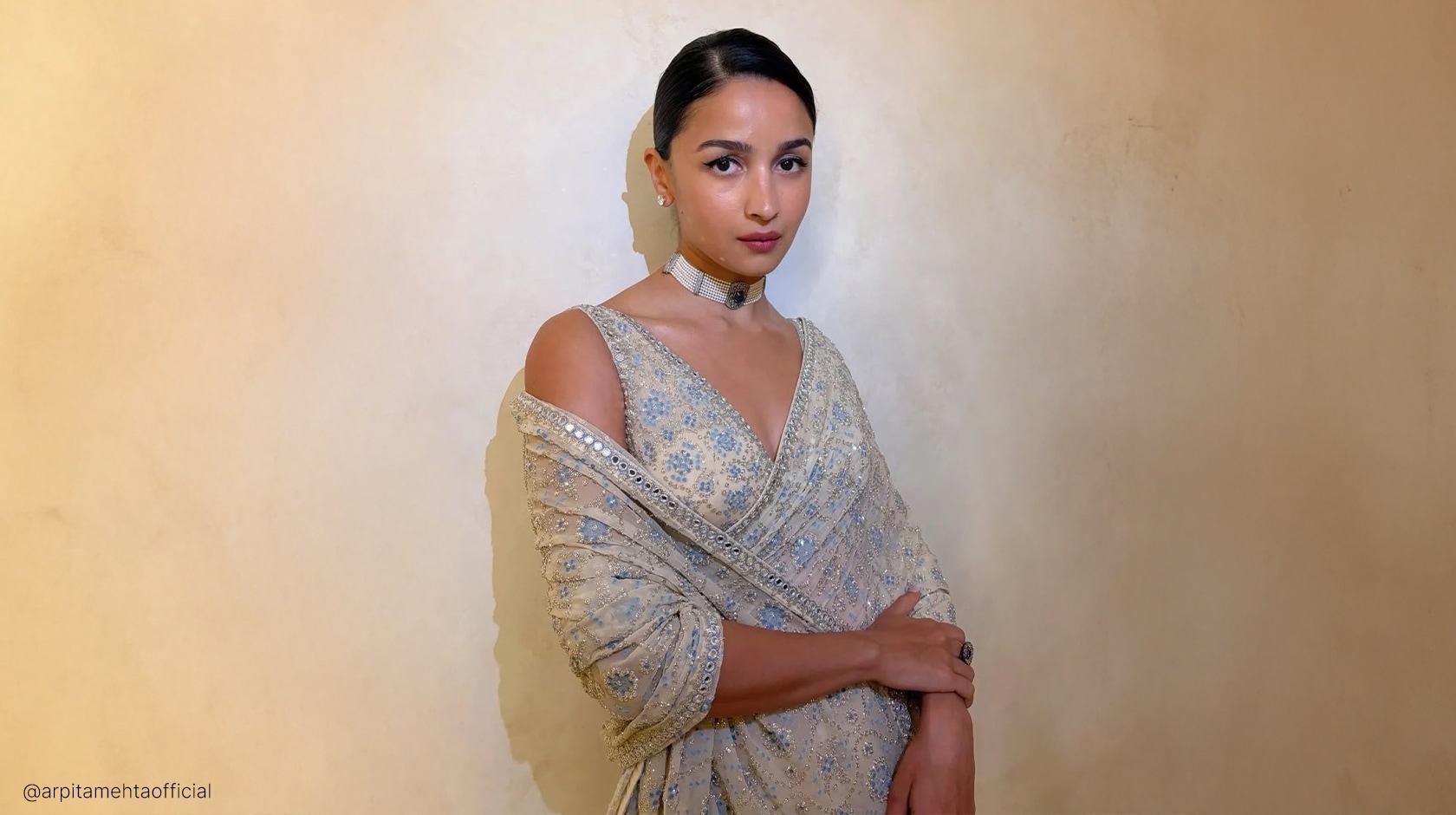 Alia Bhatt in custom ivory Arpita Mehta saree