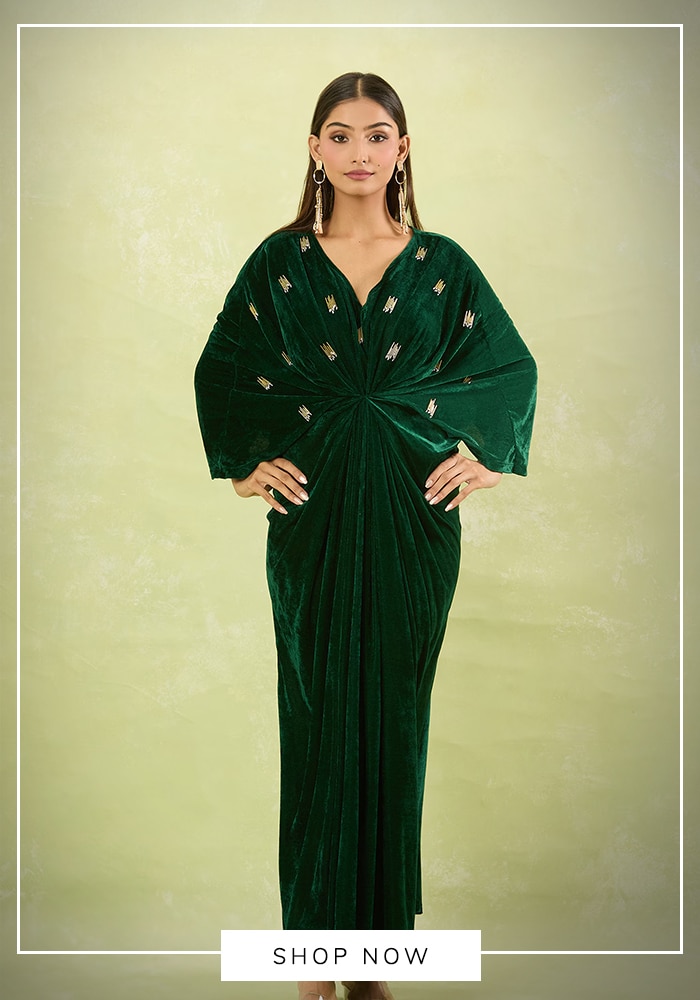 Green embellished velvet maxi dress