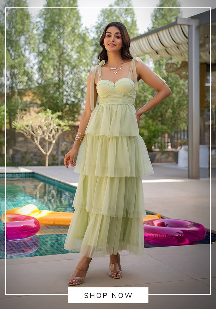 Jade green corset ruffle maxi dress