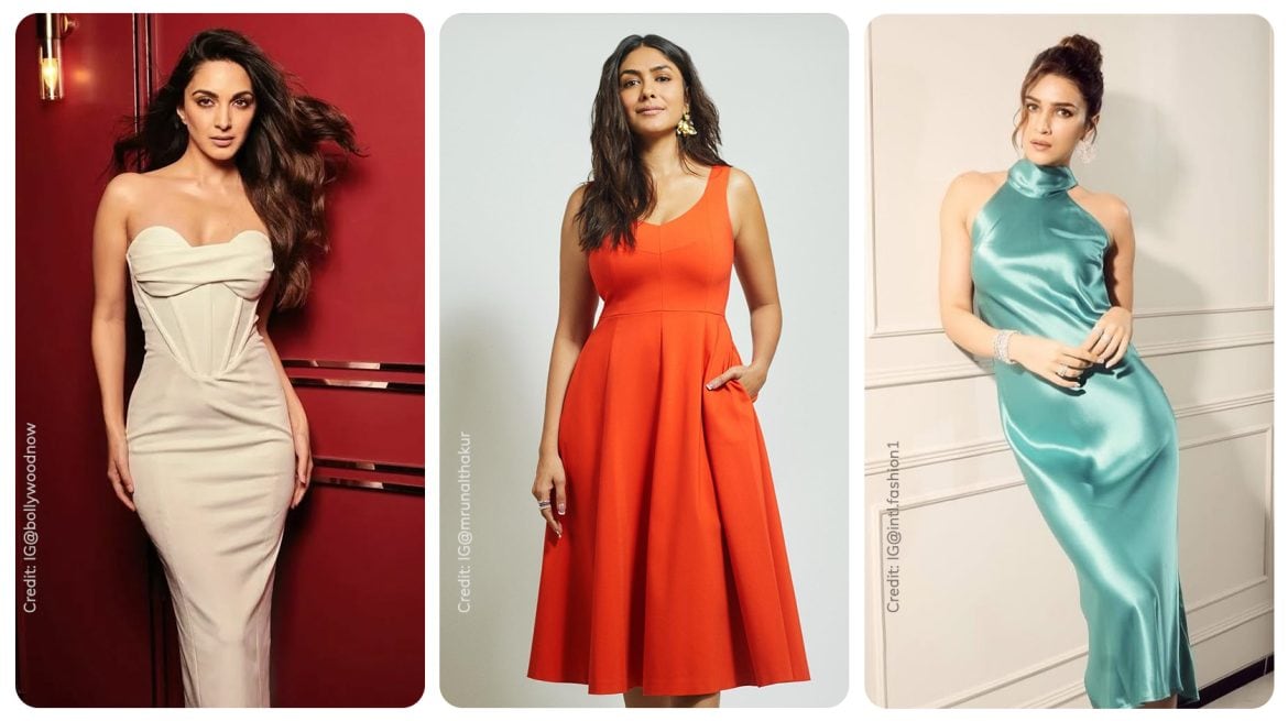 Kiara Advani wearing white bodycon dress, Mrunal Thakur wearing orange fit and flared dress and Kriti Sanon wearing blue cowl neck dress