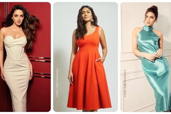 Kiara Advani wearing white bodycon dress, Mrunal Thakur wearing orange fit and flared dress and Kriti Sanon wearing blue cowl neck dress
