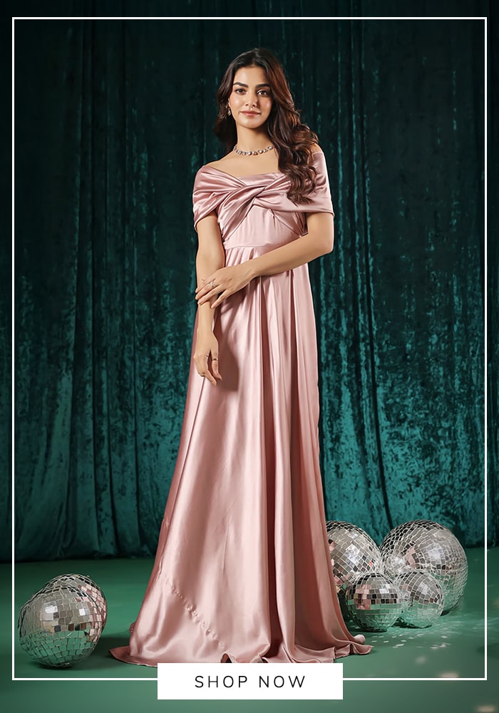 Pink satin off-shoulder bow maxi dress