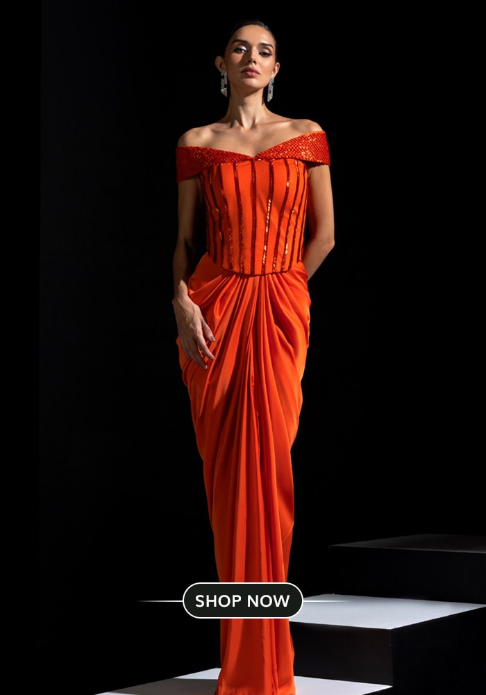 Persimmon colored corset and draped skirt set