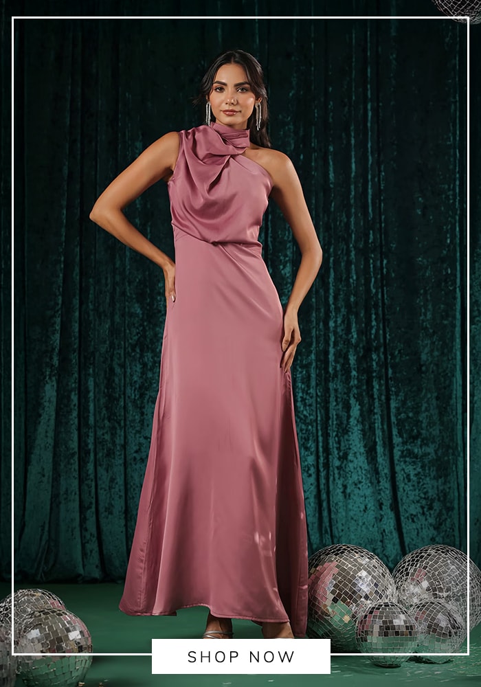 Pink satin one-shoulder dress