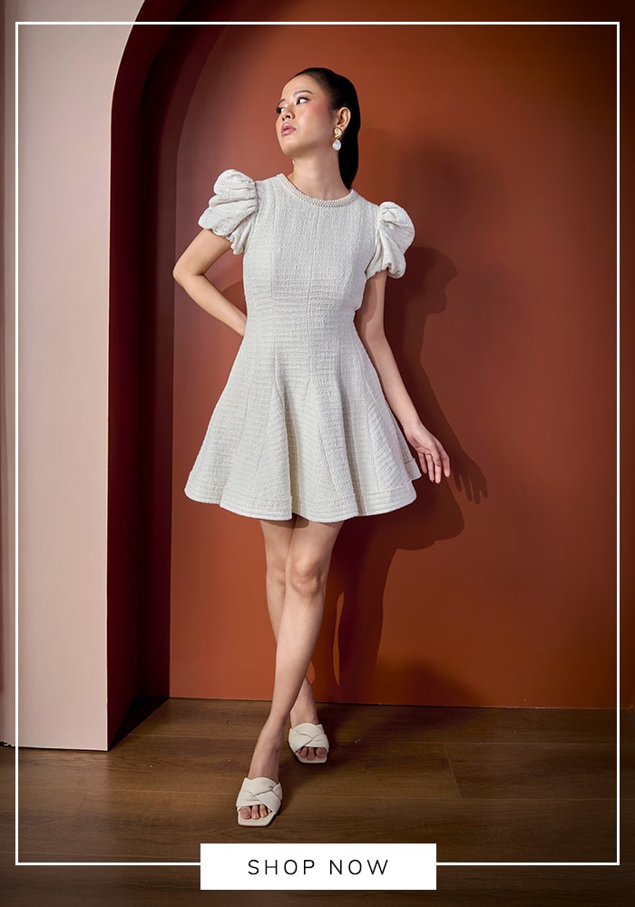 White puff sleeve fit and flare dress