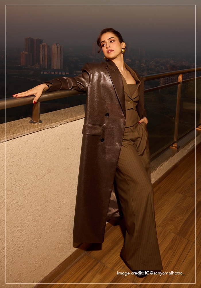 Sanya Malhotra in brown suit and brown trench coat