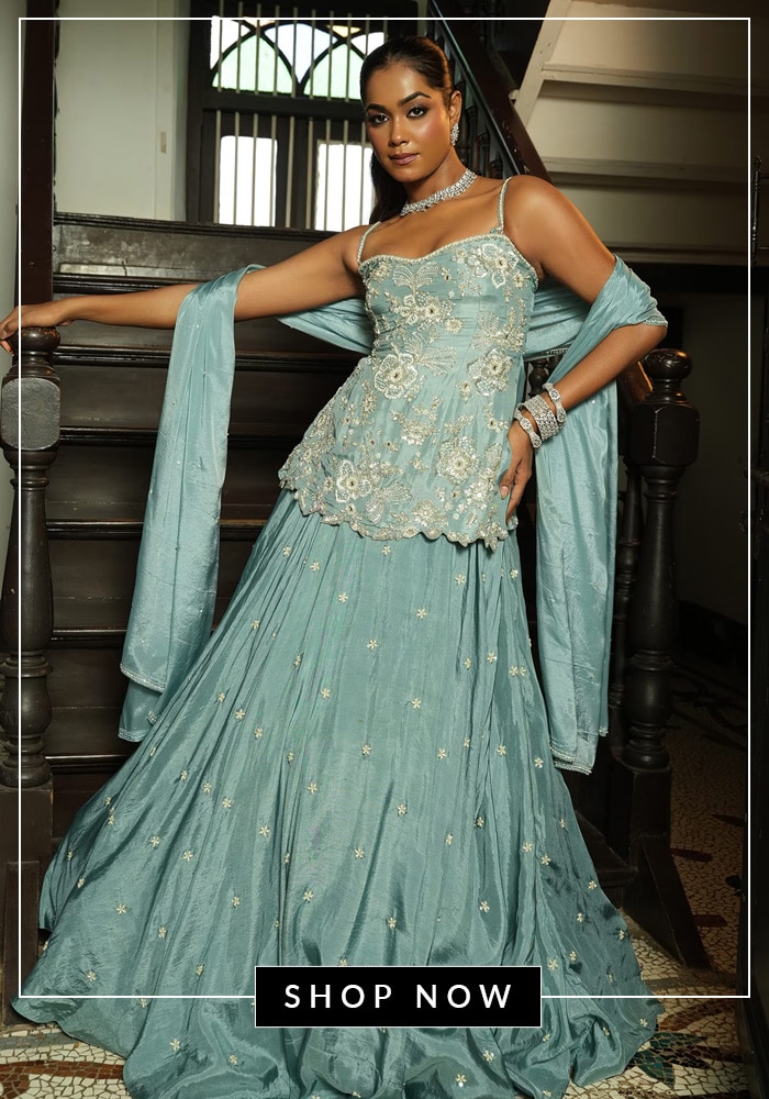 Sky blue peplum top and lehenga skirt